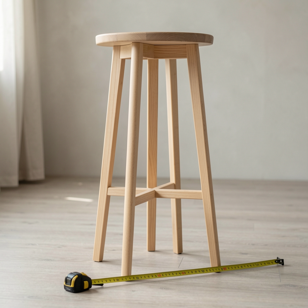 Perchero de pie de madera clara junto a una cinta métrica extendida en el suelo, sin personas