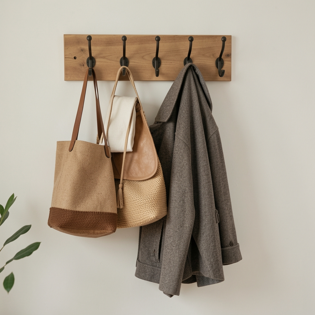 Perchero de pared con ganchos y abrigo doblado en composición doméstica sin personas