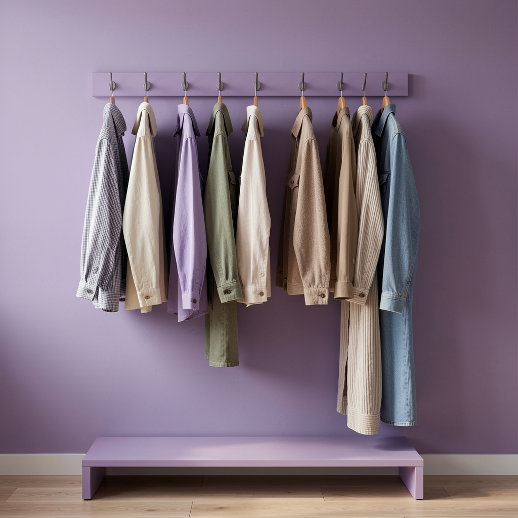 Composición de perchero de piso y ganchos de pared color salvia con prendas sin personas