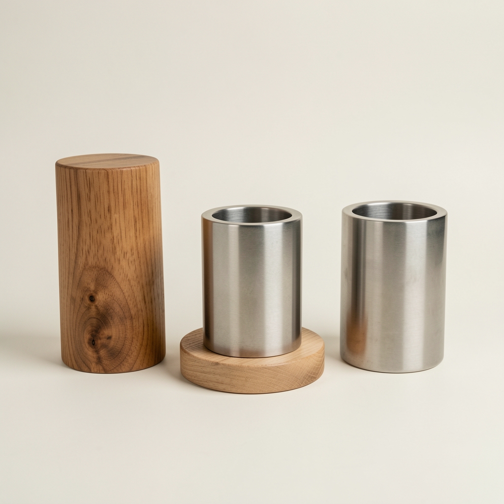 Tres zapateros de diferentes anchos en madera y metal sobre fondo claro, sin personas