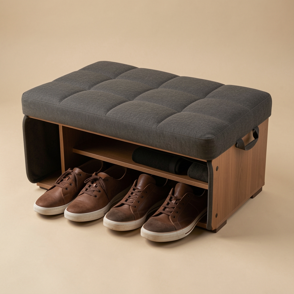 Banco Umbral color arena con tapa acolchada y compartimento para zapatos, fotografía de producto sin personas