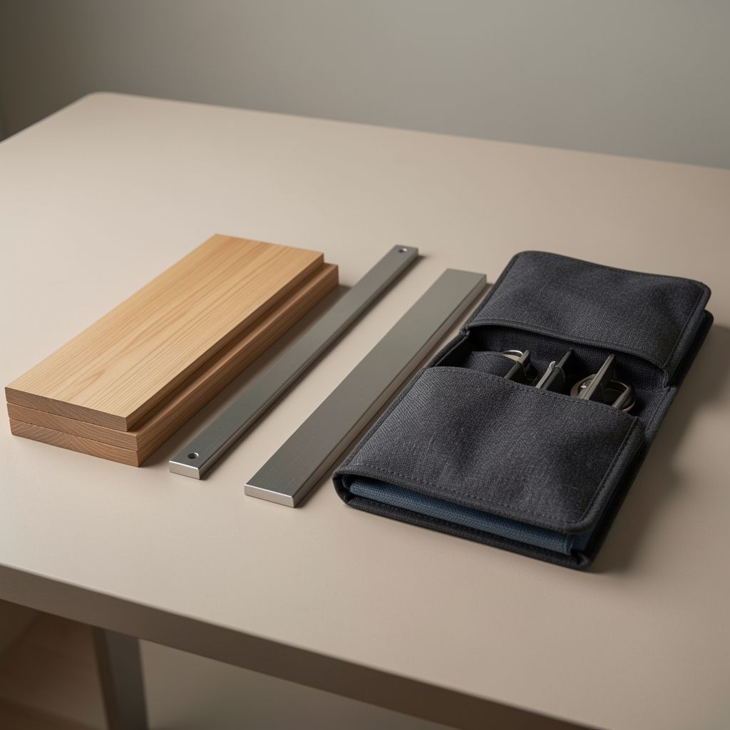 Muestras de madera laminada, metal grafito y tela organizadora sobre mesa neutra, sin personas