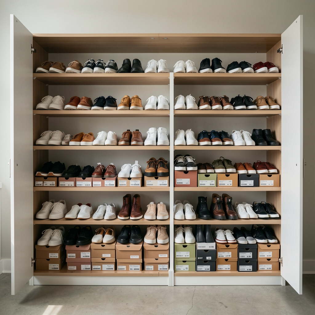 Estantes abiertos con zapatos ordenados por pares y cajas etiquetadas, ambiente sin personas