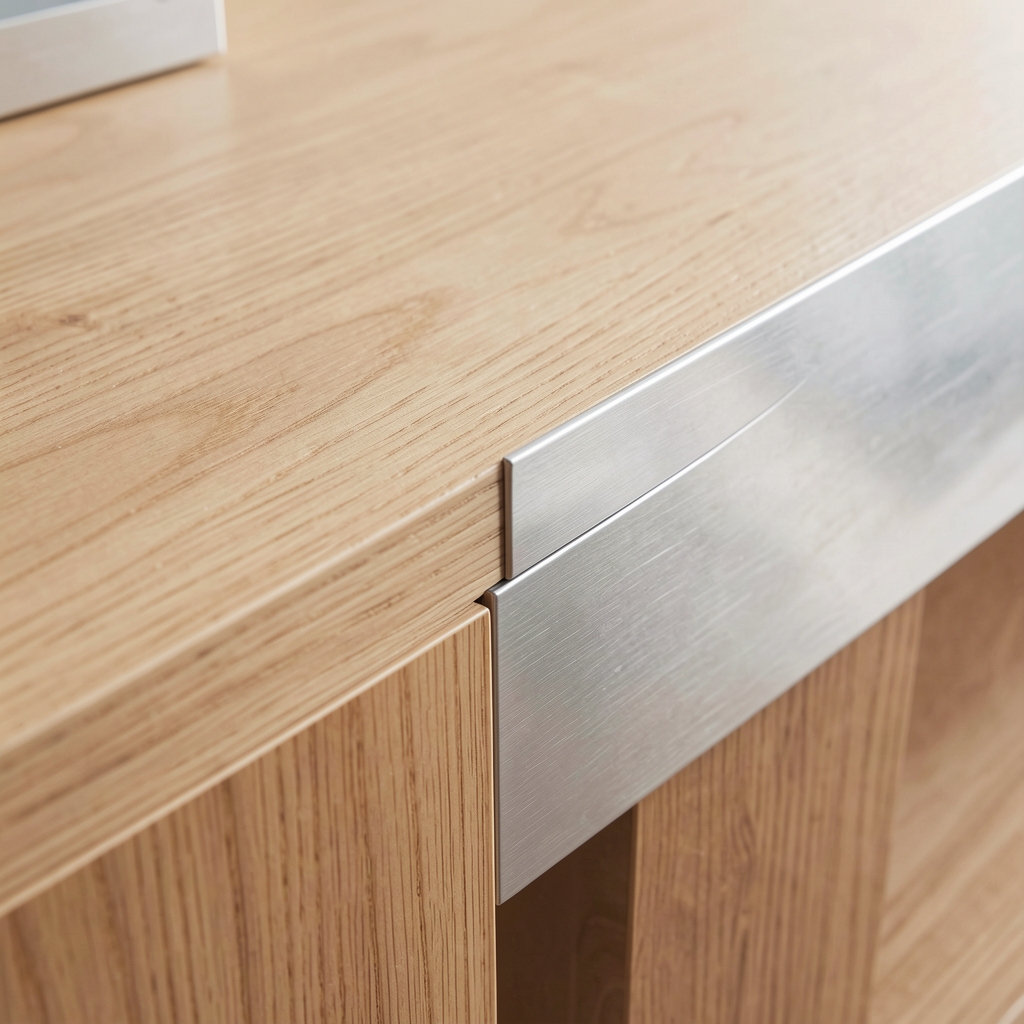 Detalle de superficies de madera clara, metal pintado y MDF laminado usadas en muebles de entrada, composición de materiales sin personas