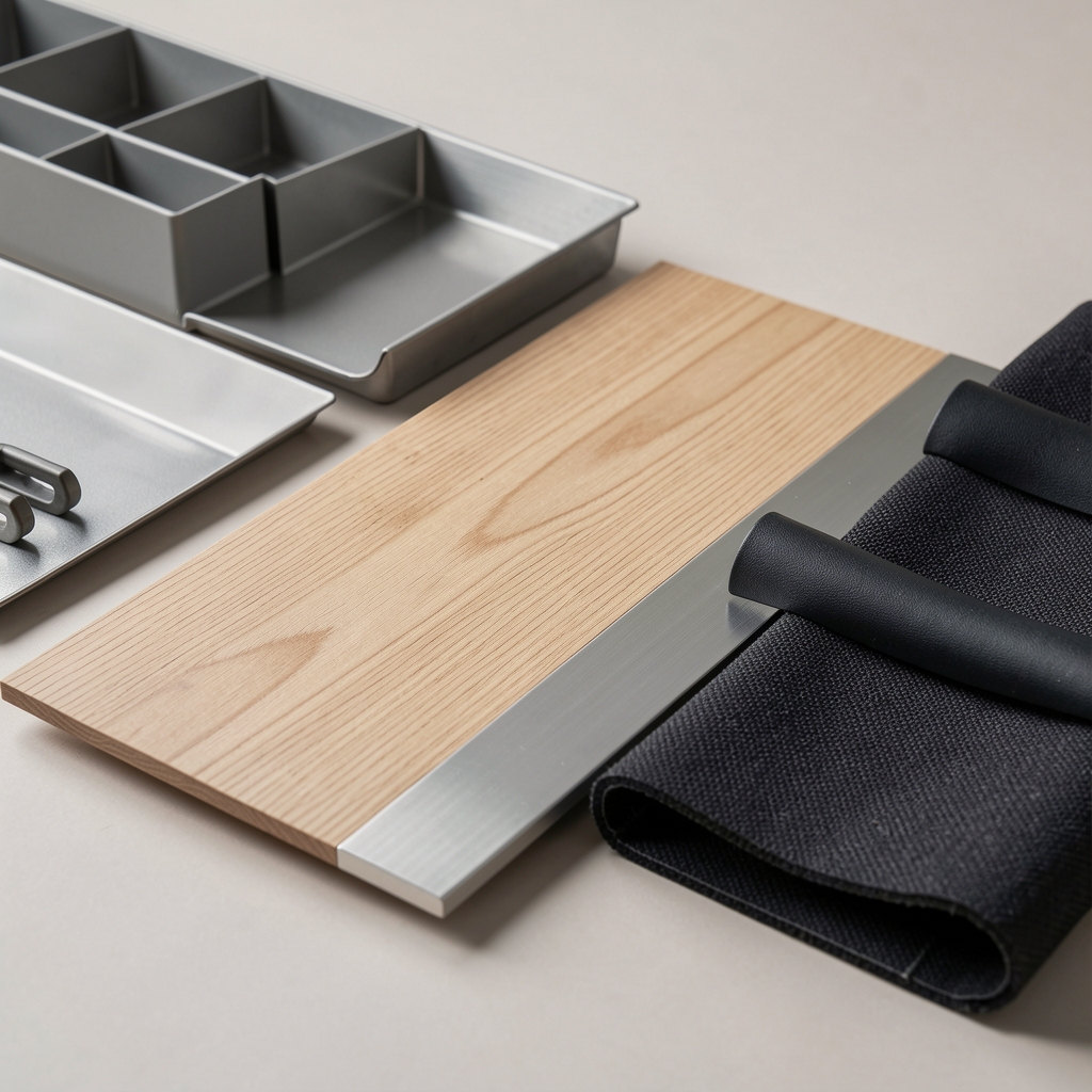 Muestra de madera laminada, metal pintado y textil técnico junto a organizadores, sin personas