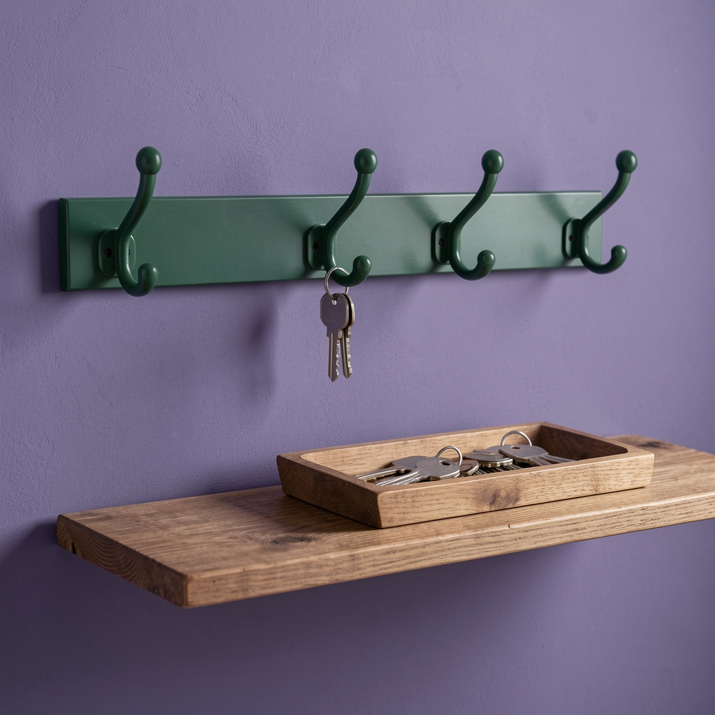 Composición de pared con ganchos verde salvia, repisa de madera y bandeja para llaves, sin personas