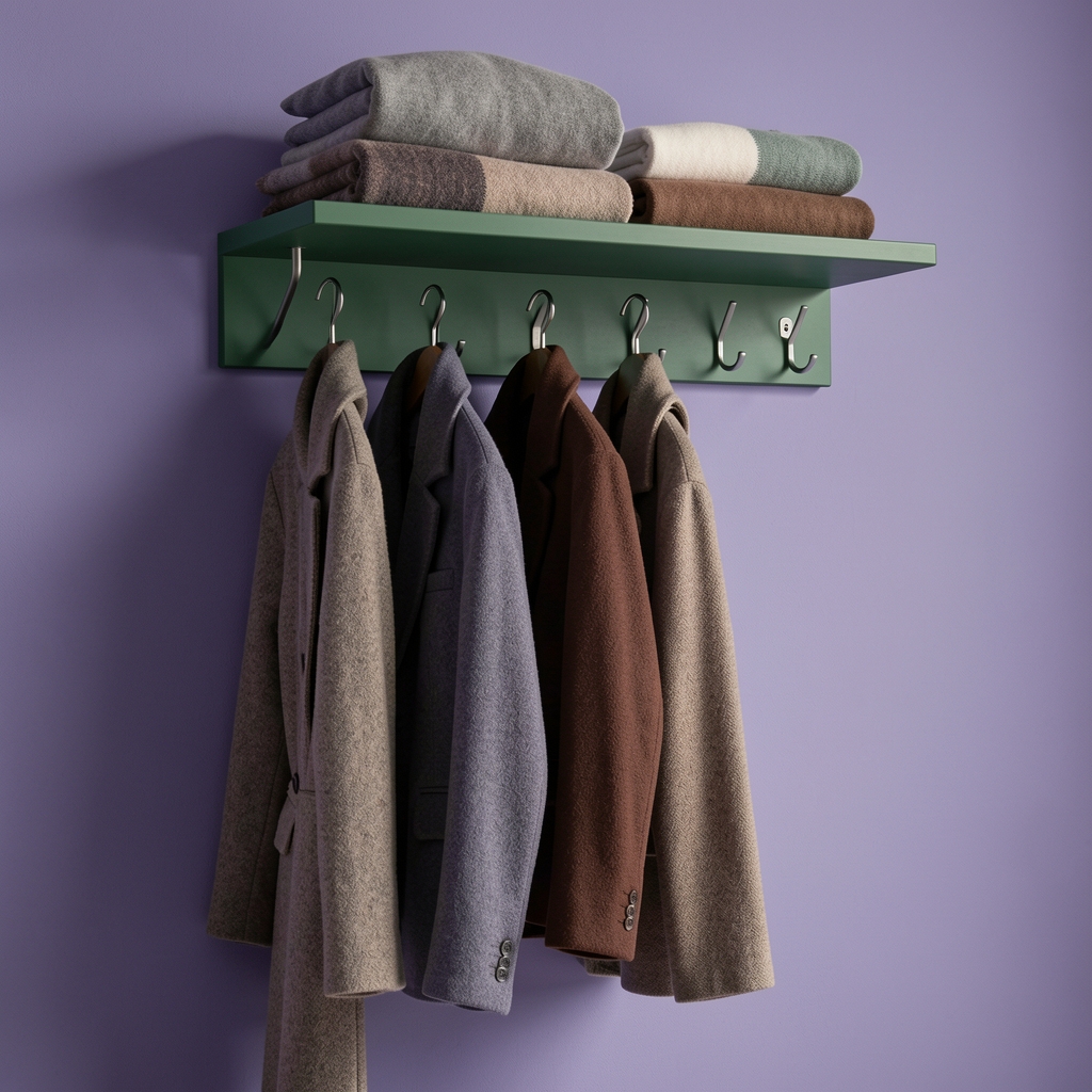 Perchero de pared de color verde salvia con abrigos doblados y ganchos metálicos, sin personas ni manos