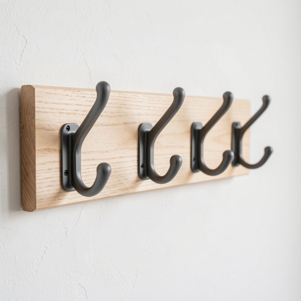 Set de ganchos de pared de metal grafito montados en tira de madera clara, sin personas
