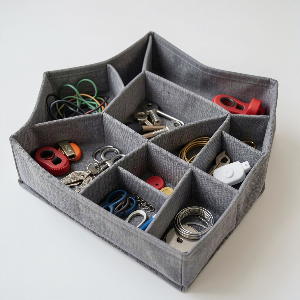 Organizador modular de tela gris piedra con compartimentos para accesorios pequeños, sin personas