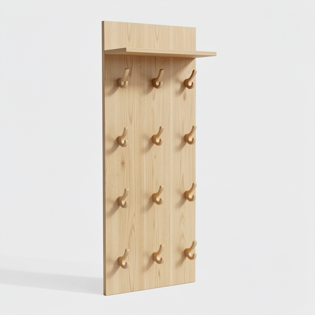 Perchero vertical de madera clara con cinco ganchos y repisa superior, producto aislado sin personas