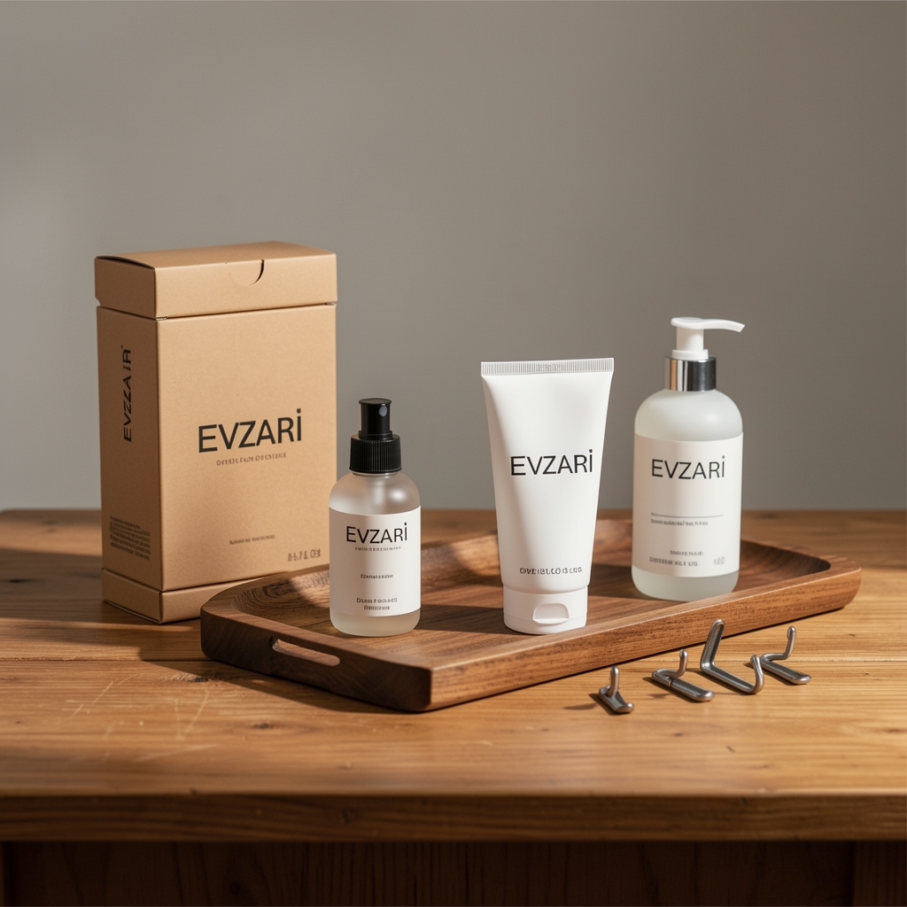 Composición de productos Evzari sobre mesa de madera con cajas, bandeja y ganchos, sin personas