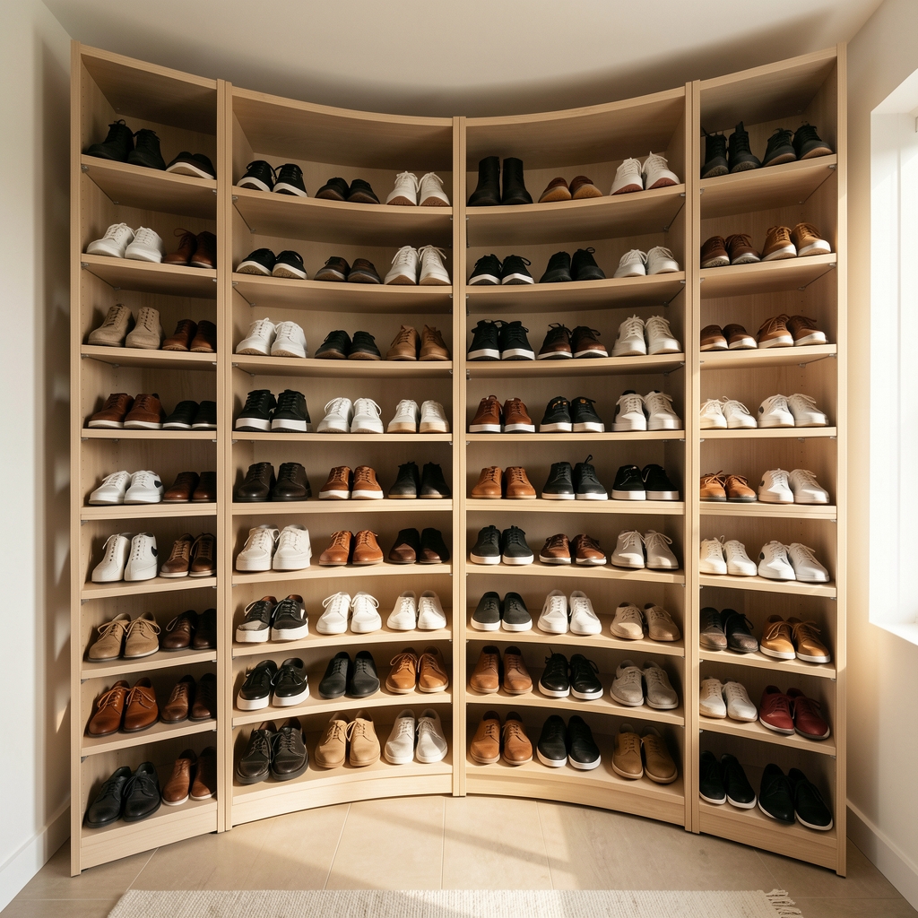 Interior de zapatero modular con estantes ajustables y calzado ordenado por pares, sin personas