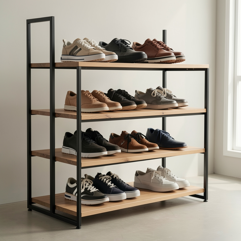 Zapatero modular de madera y metal con calzado ordenado en tres niveles, composición de producto sin personas